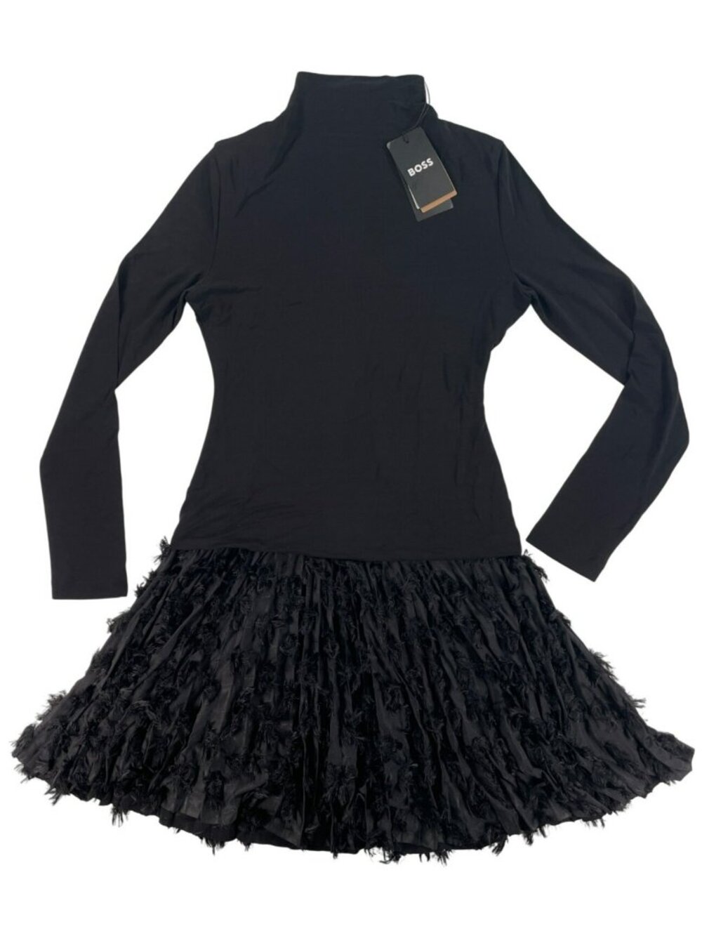 Hugo Boss Ecicla Black Mock Neck Long Sleeve Textured Skirt Dress Sz S Msrp $453 - Picture 1 of 12